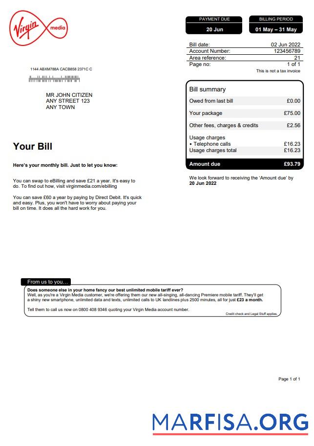 Blank United Kingdom Virgin Media utility bill, Word and PDF template